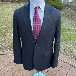 Massimo Dutti Blazer 42R SLIM Solid BLACK Linen Dual Vent Qtr Lined Pick Stitch